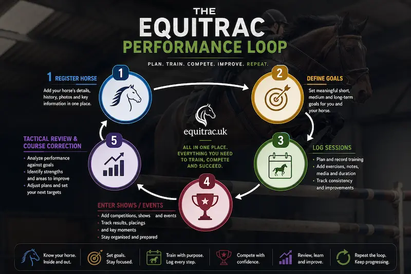 The Equitrac Performance Loop: register horse, define goals, log sessions, enter shows, review and repeat